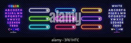 Neon glowing rounded button set with colorful and white editable alphabet, numbers on dark background. UI kit with universal font for game, web or app Stock Vector