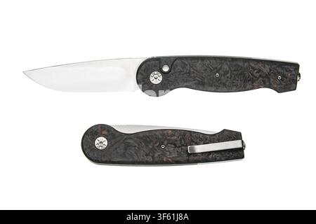Modern carbon fiber folding pocket knife open and closed isolated on white background. Stock Photo