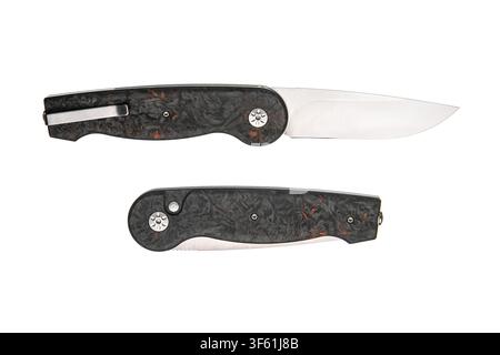 Modern carbon fiber folding pocket knife open and closed isolated on white background. Stock Photo