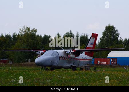 Small twin turboprop passenger aircraft parked on a grassy airfield surrounded by trees Stock Photo