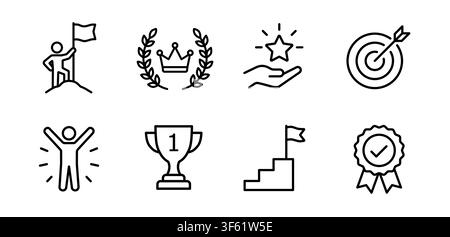 Success and achievement outline vector illustration icons and victory symbols set for winning and motivation. Stock Vector