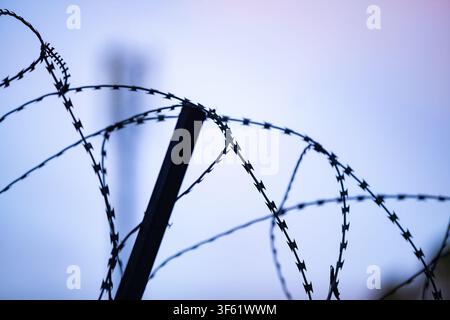 A horizontal close-up photograph capturing a sharp razor barbed wire fence in silhouette against a calm pastel twilight sky, conveying concepts of sec Stock Photo