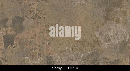 A close-up view of a rustic tan and brown weathered concrete wall with peeling plaster patches. Stock Photo