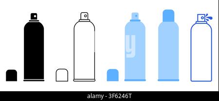Set of five aerosol cans shows solid outline blue caps fitted removed spraying droplet states. Ideal for deodorant hairspray paint beauty apps packaging UI kits logos marks symbols Stock Vector