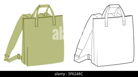 Convertible backpack silhouette tote bag with handles. Fashion accessory technical illustration. Vector schoolbag front 3-4 view for Men, women, unisex style, flat handbag CAD mockup sketch outline Stock Vector