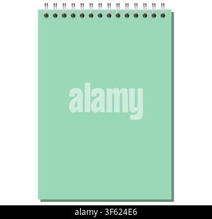 Green B5 portrait spiral page has black top coils, blank rectangular sheet, clean surface, and gray offset shadow. Useful for personal notes, academic work, office planning, or printable stationery Stock Vector
