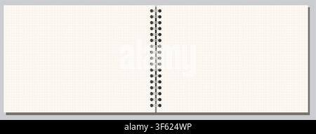 Ivory dotted grid notebook page shows fine ruling, side wire binding, and wide landscape format on white background. Suitable for schoolwork, planning, stationery layouts, notes and printable Stock Vector