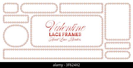 Red heart chain lace border frames surround rectangle, oval, circle plus horizontal strip shapes as delicate romantic trim isolated on white background for valentine wedding stationery. Stock Vector
