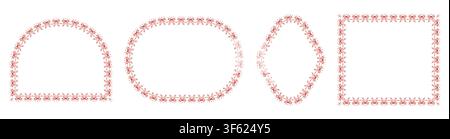 Red double bow lace border frames shape arch, oval, diamond plus square outlines linked by elegant ribbon garland trim as coquette set isolated on white background for wedding scrapbook layouts. Stock Vector