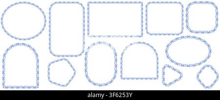 Royal blue bow lace frames surround oval, arch, rectangle, circle plus diamond borders draped with pearl garlands as coquette decorative trim isolated on white for wedding invitation crafts. Stock Vector