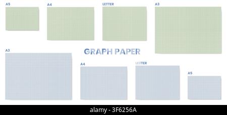 Set of eight landscape graph templates in yellow-green and blue grids covering A5, A4, Letter and A3 on white. Ideal for printable math packs, dual-tone drafting kits or school stationery collections Stock Vector