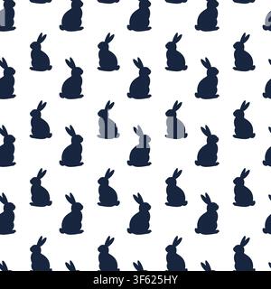 Seamless Pattern of Sitting Rabbit Silhouettes on White Background for Easter and Mid Autumn Design. Repeating dark bunny motif suits wrapping paper, textile print, wallpaper, packaging and seasonal Stock Vector