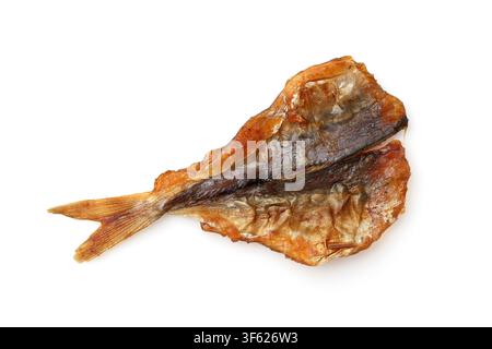 Baked Japanese small horse mackerel seasoned with soy sauce on white background Stock Photo