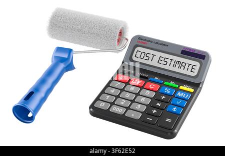 Paint roller and calculator. Cost estimate for renovation, concept. 3D rendering isolated on white background - Photomontage Stock Photo