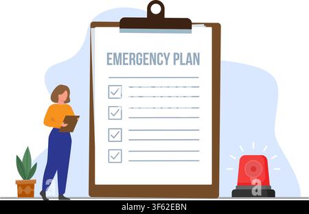 A professional woman reviews a comprehensive emergency plan checklist featuring a red siren icon for safety preparedness. Stock Illustration. Stock Vector