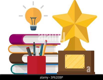 flat illustration of a star trophy, stack of books, and light bulb representing academic excellence and bright ideas. Stock Vector