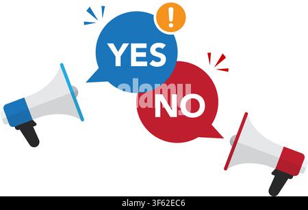 an illustration of megaphones amplifying yes and no speech bubbles representing public opinion and decision making. Stock illustration. Stock Vector