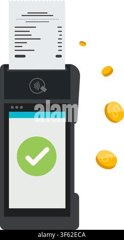 This illustration shows a modern point of sale terminal successfully processing a transaction with a printed receipt. Stock illustration. Stock Vector