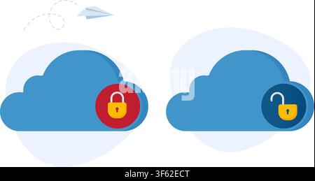 illustrated blue clouds showing locked and unlocked states for data privacy, cloud security, and information protection. Stock Illustration. Stock Vector