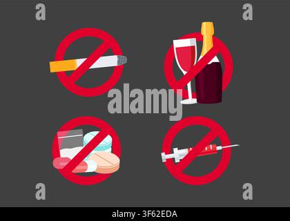 prohibition signs showing a crossed out cigarette alcohol bottle pills and syringe to promote drug free living habits. Stock illustration. Stock Vector