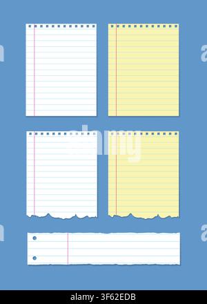 A collection of white and yellow ruled paper notes including full sheets, torn pages, and a long horizontal strip. Stock Vector