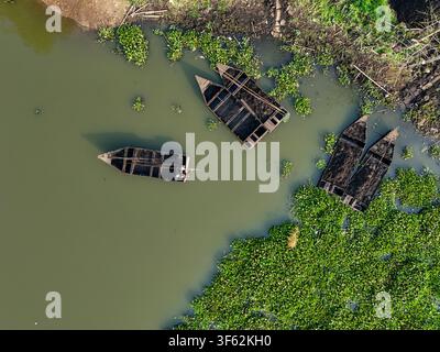 Aerial view of wooden boats collecting sedimentation from the water surface of Rawa Pening lake surrounded by aquatic plants in Waduk Rawapening, Cent Stock Photo