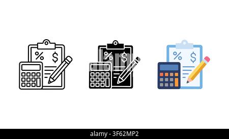 Tax calculation finance icon set outline silhouette and color vector isolated on white background Stock Vector