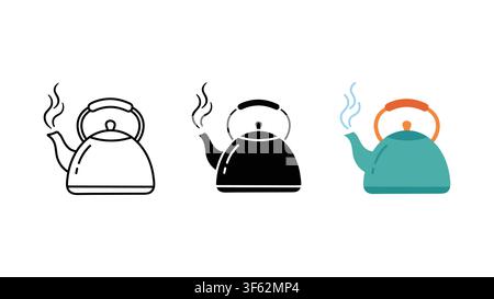 Tea kettle kitchen icon set outline silhouette and color vector isolated on white background Stock Vector