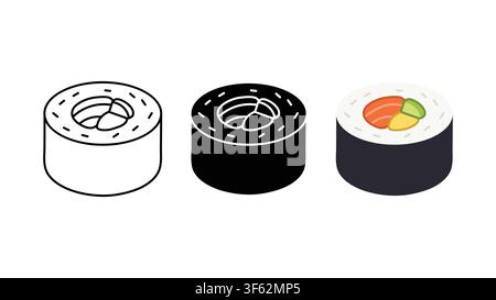 Sushi roll japanese food icon set outline silhouette and color vector isolated on white background Stock Vector