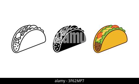 Taco Mexican food icon set outline silhouette and color vector isolated on white background Stock Vector