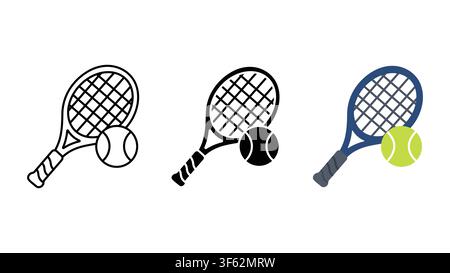 Tennis racket and ball sport icon set outline silhouette and color vector isolated on white background Stock Vector