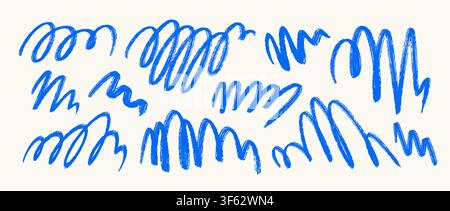 Blue brush stroke scribble set. Hand drawn pen scrawl line collection. Freehand rough pencil crayon squiggle doodle pack. Messy charcoal sketch swirl bundle. Bold ballpoint curly marks. Vector Stock Vector