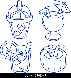 Cold summer drinks doodle line drawings set with coconut water lemonade glass pina colada ice coffee Stock Vector