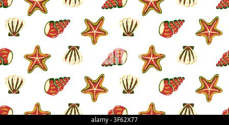 Seamless pattern with cartoon seashells, starfish, and sea shells isolated on white background. Flat style. Vector illustration Stock Vector