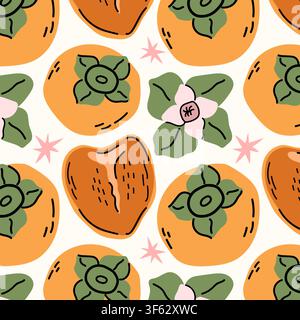 Seamless pattern featuring detailed orange persimmon fruits, cut slices, flowers, and leaves in hand drawn flat illustration style. Stock Vector