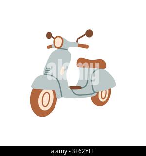 Retro light blue moped vector illustration with brown leather seat and mirrors. Classic Italian style motor scooter graphic element for summer travel Stock Vector
