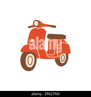 Vibrant orange-red motor scooter vector illustration with brown seat. Classic retro moped element for summer road trips, city commute, delivery icons Stock Vector