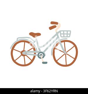 Soft light blue retro bicycle with front basket and rear rack vector illustration. Flat summer city transport element for travel graphics, lifestyle Stock Vector