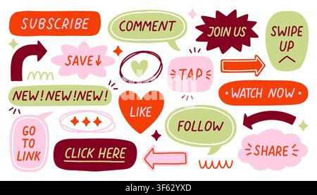 Hand drawn social media call to action stickers with subscribe follow share like comment and arrows. Cute doodle vector illustration isolated on white Stock Vector