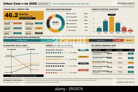 Professional vector infographic displaying metropolitan transportation statistics, transit mode shares, and commuter satisfaction data. Stock Vector