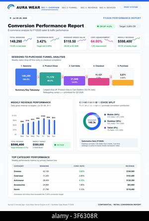 Professional digital dashboard showing retail sales metrics, conversion funnel analysis, and revenue performance charts. Stock Vector