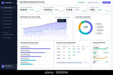Clean vector user interface displaying video streaming analytics, subscriber growth, and content performance metrics. Stock Vector