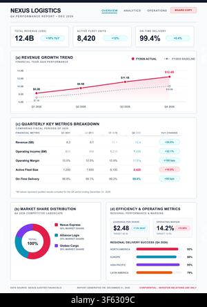 Professional business report vector featuring financial data, growth trends, and regional delivery metrics for logistics. Stock Vector