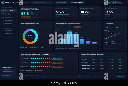 Modern dark mode digital interface displaying urban mobility analytics, transit charts, and statistical commuting reports. Stock Vector