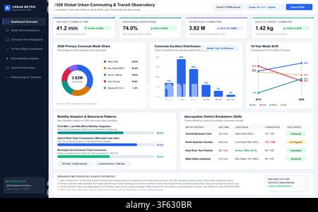 A flat vector UI design showing metropolitan transportation analytics, commute times, and sustainable mobility trends. Stock Vector