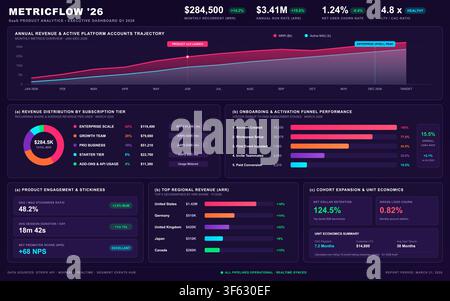 A dark-themed vector illustration of a software business dashboard with revenue charts and user metrics. Stock Vector