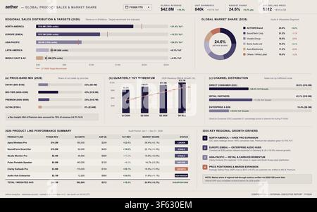 Professional business data visualization showing regional sales distribution, market share charts, and financial performance metrics. Stock Vector
