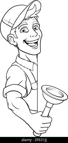 Plumber Plunger Tool Cartoon Plumbing Man Handyman Stock Vector