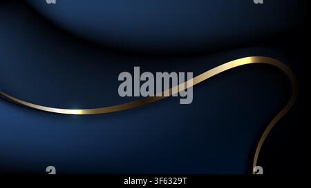 abstract luxury dark blue background with 3d smooth paper cut layers wave line pattern and elegant gold metallic metallic line for royal banner cover Stock Vector