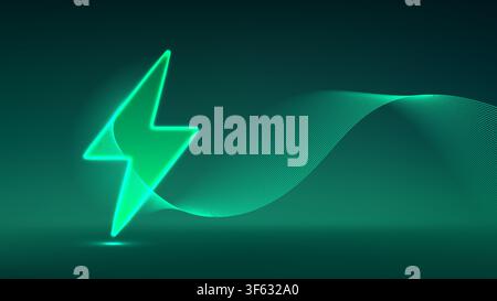 Abstract glowing green neon lightning bolt with dynamic flowing wave lines on a dark background representing clean eco energy fast charging and sustai Stock Vector